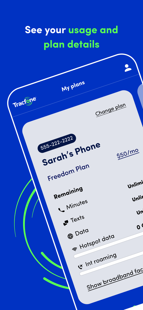 Tracfone My Account app screen showing mobile plan usage and remaining balance for minutes texts and data