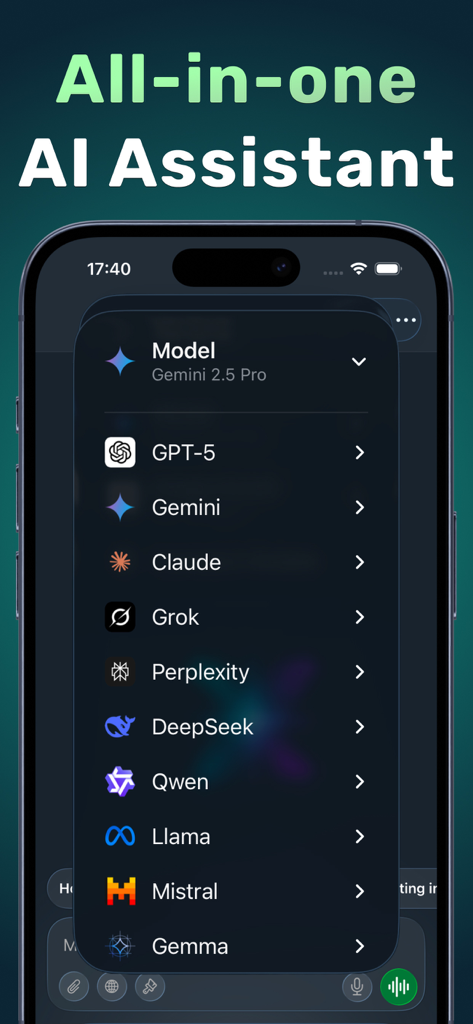 Xenova app interface displaying a selection of top AI models including GPT-5 Claude and Gemini
