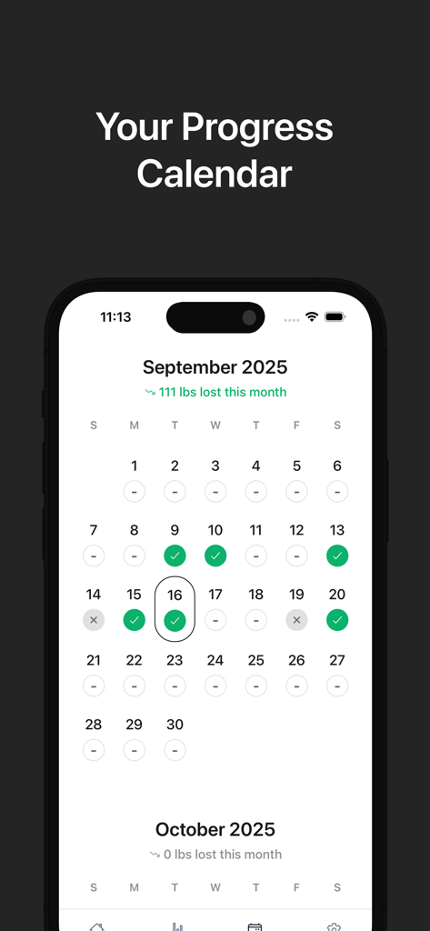 Jurney: Track Your Weight Loss - Jurney app interface displaying a monthly progress calendar with daily weight loss tracking logs and streaks.