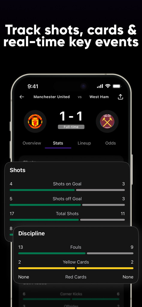 Playmaker Sports Tracker Score - Playmaker app interface showing real time soccer match statistics including shots and cards