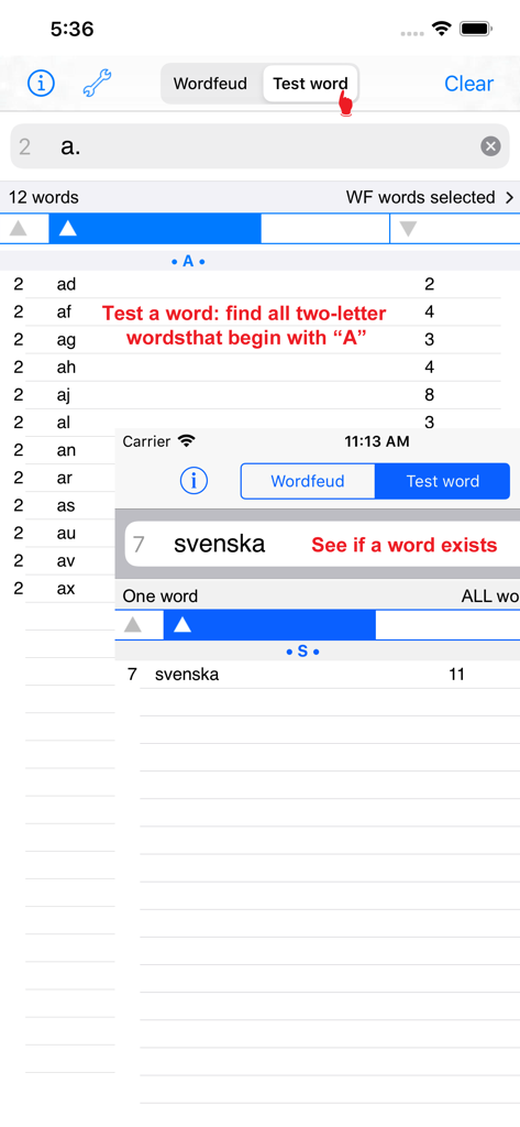 Svenska Words Finder Wordfeud - Screenshot of the Svenska Words Finder app showing the Test Word feature to find two letter Swedish words and verify existence.