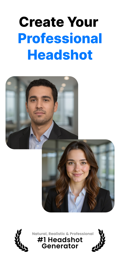 Professional Headshot: Optrix - Two examples of realistic AI generated professional headshots for men and women displayed in the Optrix app.