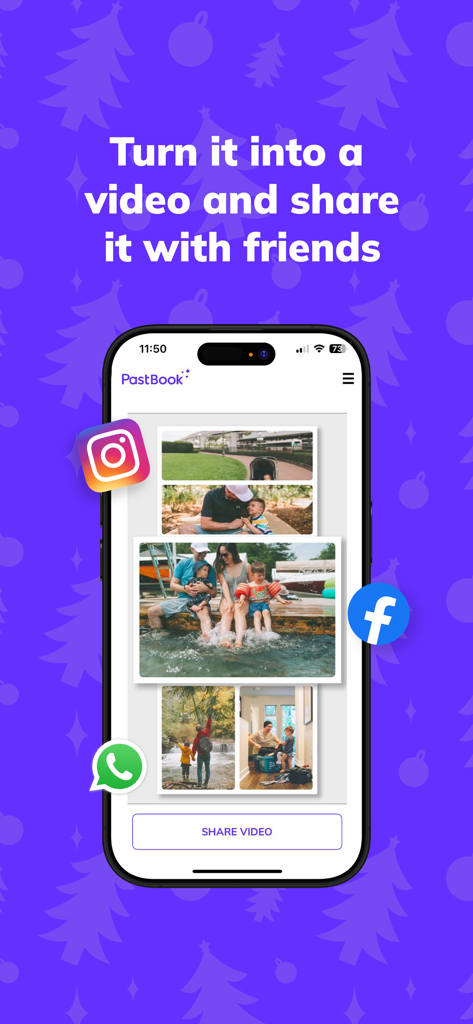 PastBook: 1-Click Photo Book - PastBook app interface showing the option to turn a photo book into a video and share it on social media