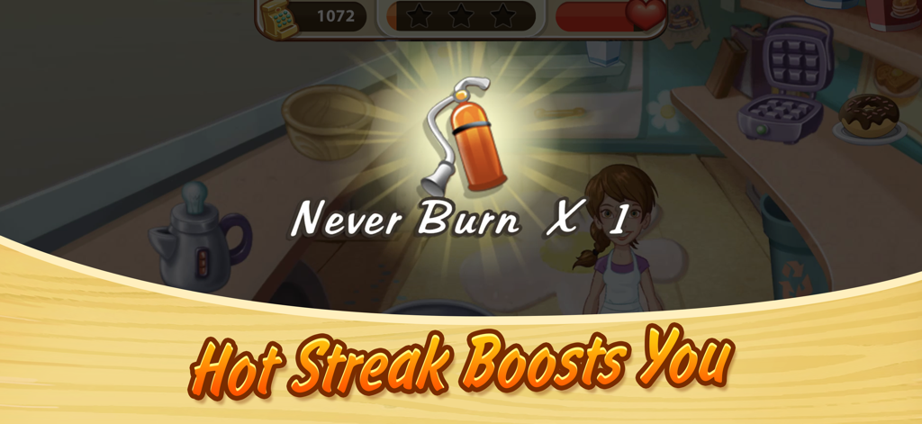 Kitchen Scramble: Cooking Game - Never Burn power up notification in Kitchen Scramble cooking game showing a fire extinguisher booster.