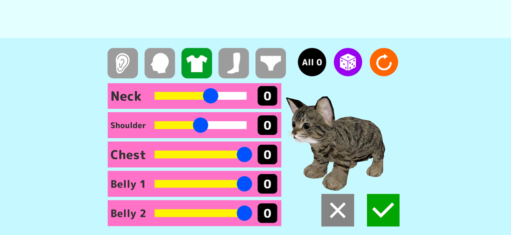 Cat Simulator Online - Character customization screen in Cat Simulator Online showing sliders to adjust a tabby kitten's body size
