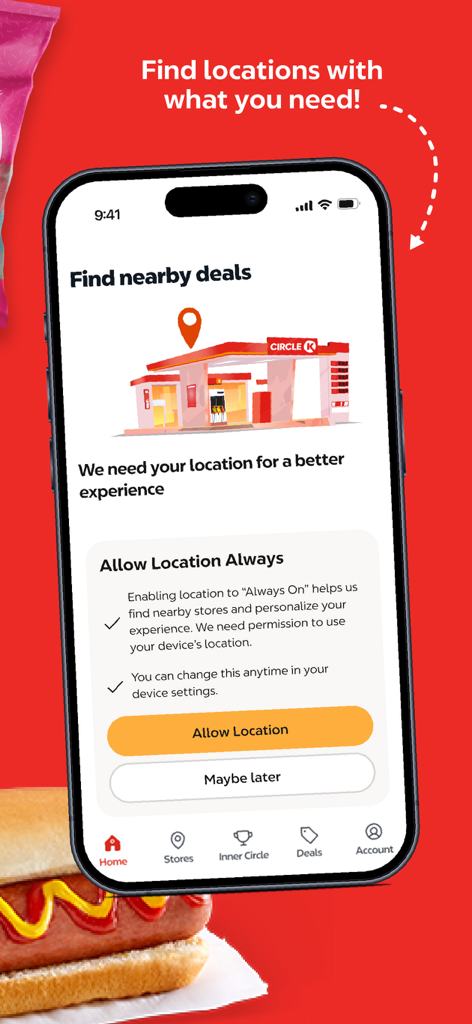 Circle K - Circle K mobile app screen asking for location permission to find nearby stores and gas station deals