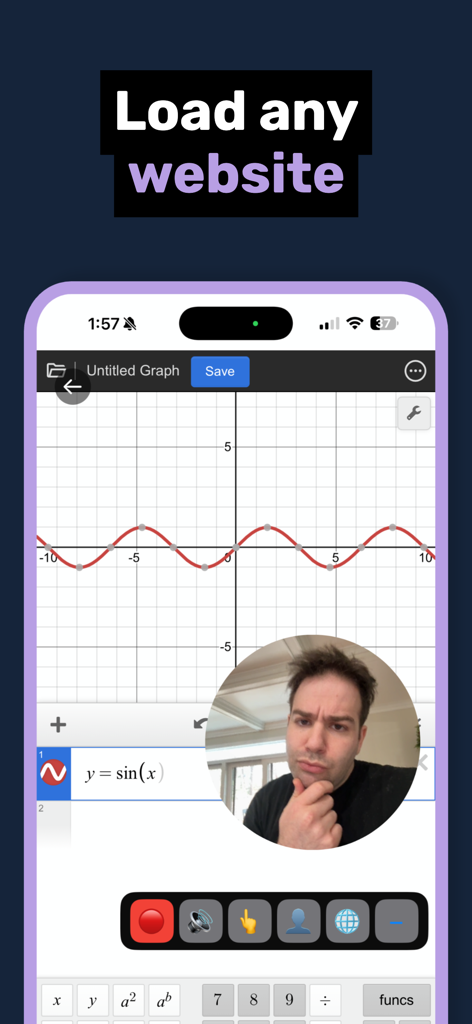 Face Cam Screen Recorder Pro - Gravação de tela de um site com uma sobreposição de câmera frontal ao vivo e painel de controle