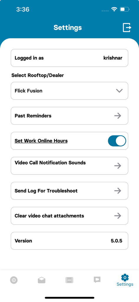 VidCom - Settings screen of the VidCom mobile app for automotive dealers showing account and notification options