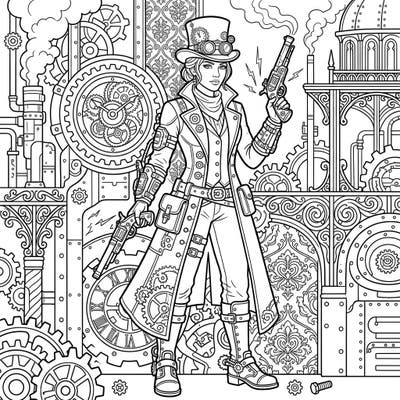 Embark on a thrilling coloring journey with this detailed Steampunk Gunslinger. Featuring intricate gearwork and Victorian-inspired machinery, this design offers hours of creative fun.