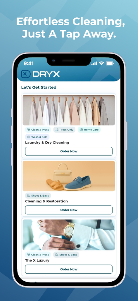 DryX - DryX mobile app interface showing various cleaning services including laundry dry cleaning and luxury restoration