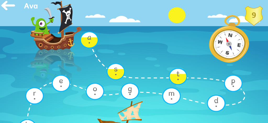 Read with Phonics Games - Read with Phonics game screen showing Albee the alien on a pirate ship and a path of lowercase letters across the ocean.