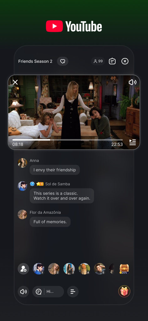 Alii app screen showing the Party Anytime feature where users watch YouTube together and chat in real-time.