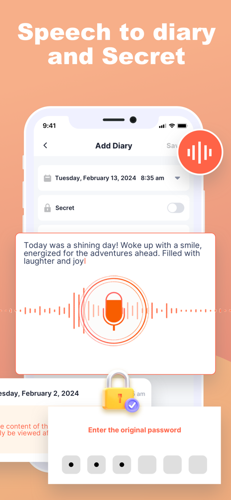 Echo Diary - Wallpaper & List - Pantalla de la aplicación Echo Diary que muestra la función de diario por voz y protección con contraseña.