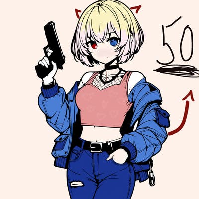 realistic anime girl with a gun wearing a crop top and a jacket and short jeans