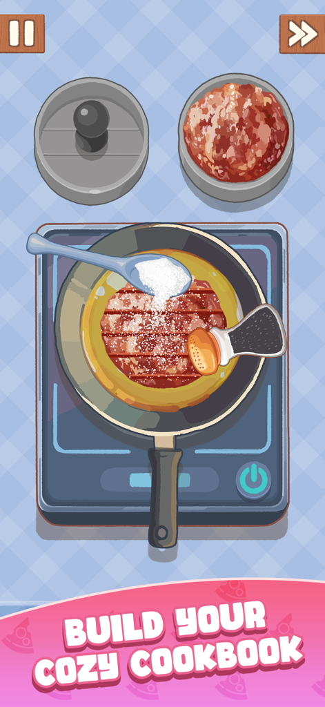 Top-down view of seasoning a piece of meat in a pan within the Cookingdom cozy mobile game