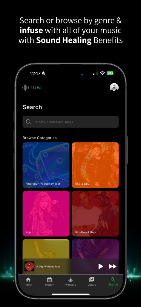 HZP (Hertz Player) - Pantalla de búsqueda de la aplicación HZP que muestra géneros musicales y la opción de reafinação a frecuencia de 432 Hz.