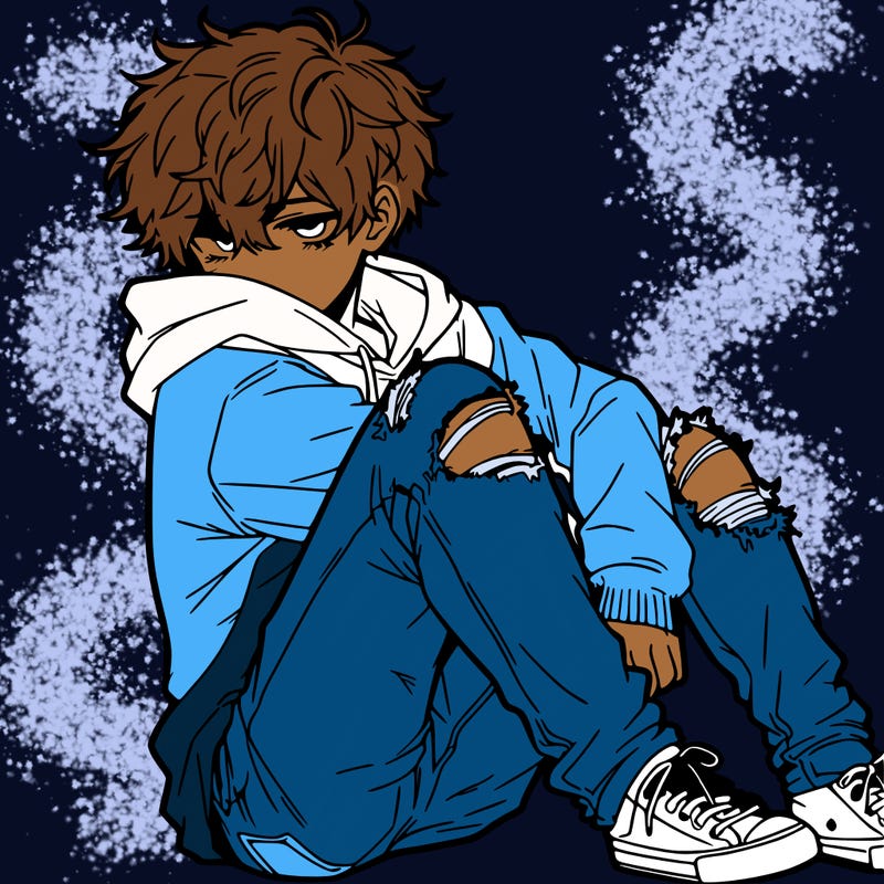 a male hoddie ripped jeans messy hair anime