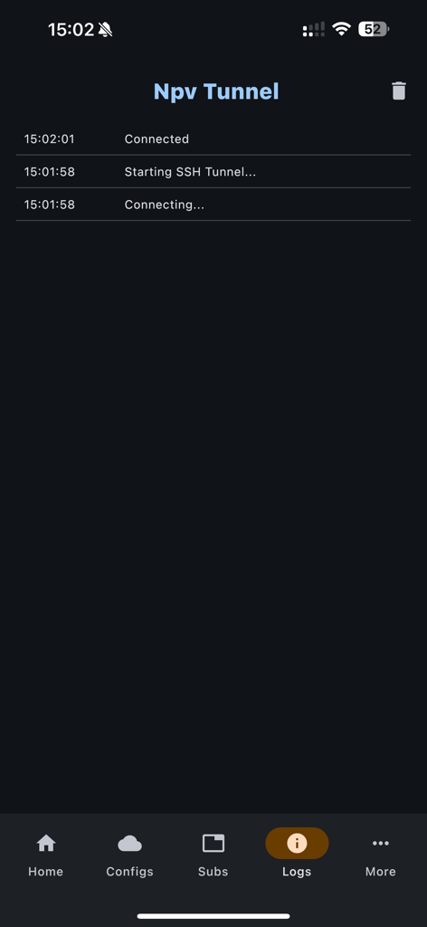 Npv Tunnel app interface showing successful connection logs and SSH tunnel status.
