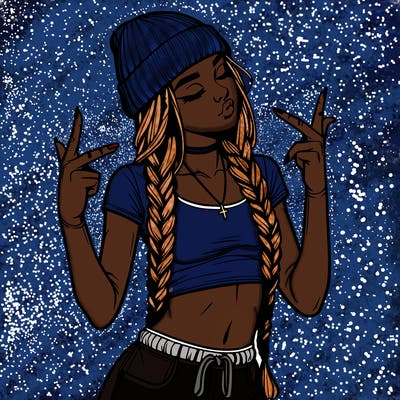 realistic teenage girl with braids and a beanie and crop top doing 🫶🏼
