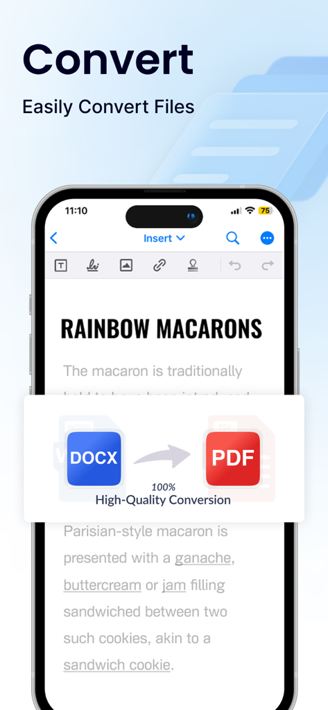 Oberfläche der Office Word App, die eine hochwertige Konvertierung von DOCX in PDF-Dateien zeigt