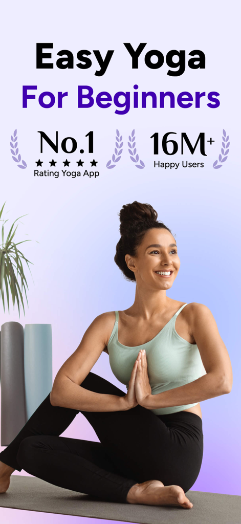 Yoga for Beginners, Pilates+ - Una mujer practicando una postura de yoga sentada en una alfombra con texto resaltando la aplicación como una opción de alta calificación para principiantes