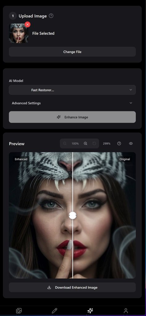 TattooStencilPro - AI Powered - Interface of TattooStencilPro app showing AI image enhancement feature with a before and after comparison slider on a portrait.