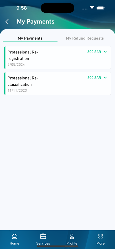 Mumaris+ - Mumaris plus app screen displaying a history of professional registration and reclassification payments
