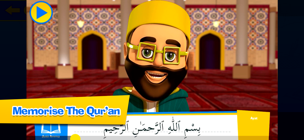 Ali and Sumaya: School - Personagem animado em 3D em uma mesquita ensinando memorização do Alcorão com escrita em árabe