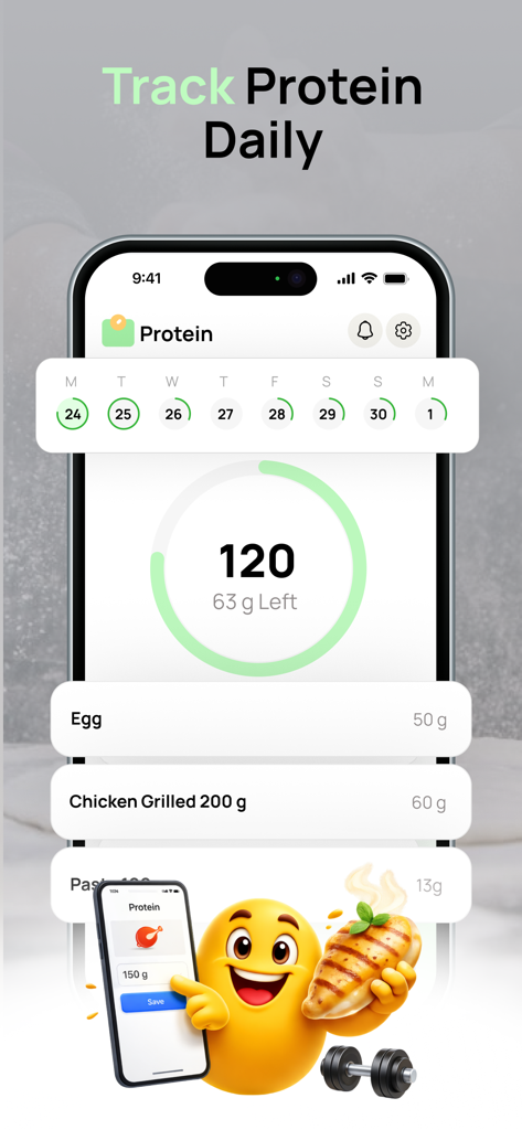 Protein Tracker app interface showing daily protein progress and logged food items