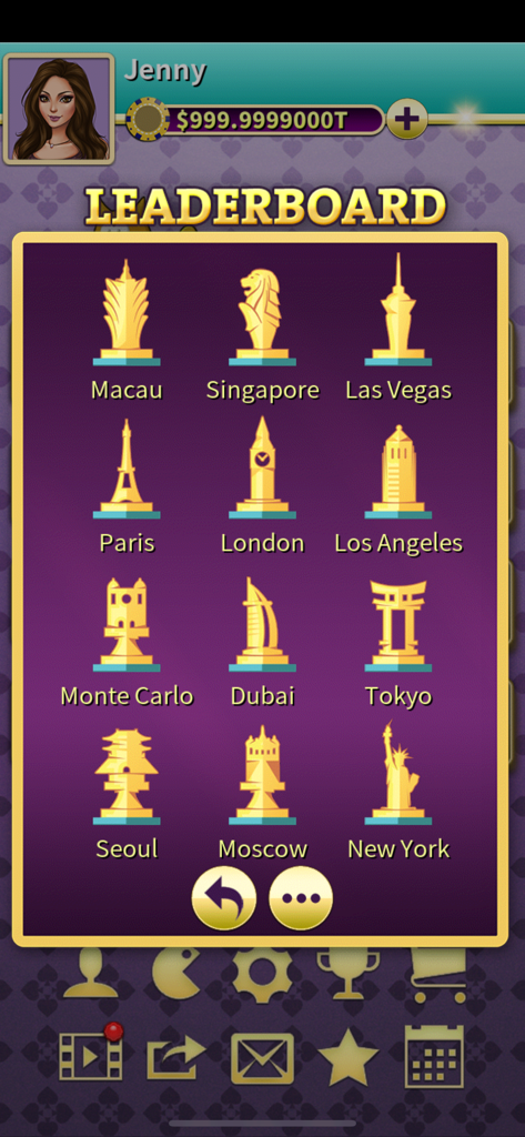 Pai Gow (Deluxe) - Écran de classement dans Pai Gow Deluxe avec des icônes dorées de monuments urbains mondiaux comme Macao et Las Vegas