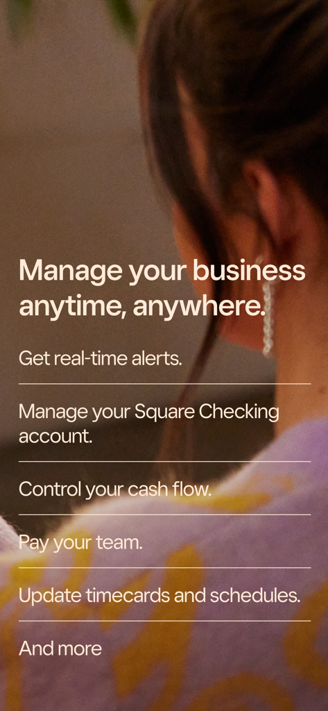 Square - Dashboard for POS - List of Square Dashboard features including real-time alerts and team management on a mobile screen