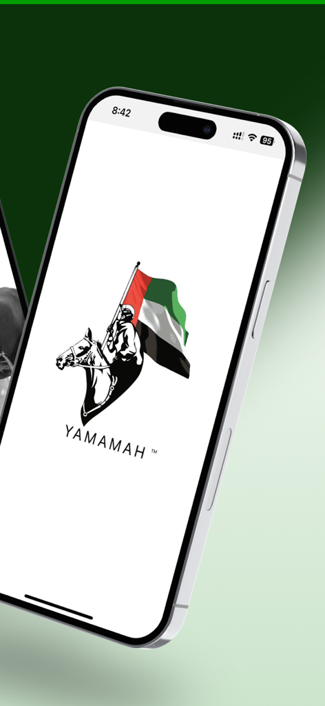 YamamahApp - 馬のライダーと旗のロゴが表示されたYamamahアプリのスプラッシュ画面