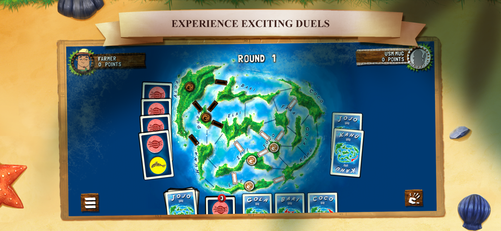 Kahuna - Gameplay screenshot of the Kahuna board game showing a tropical archipelago with bridges and cards for strategic duels