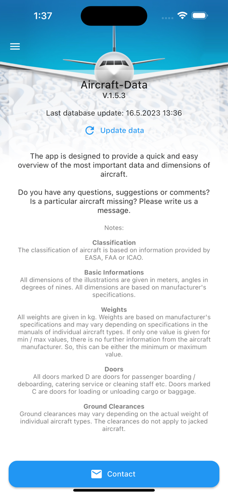 The home screen of the Aircraft-Data app displaying technical information and regulatory data sources