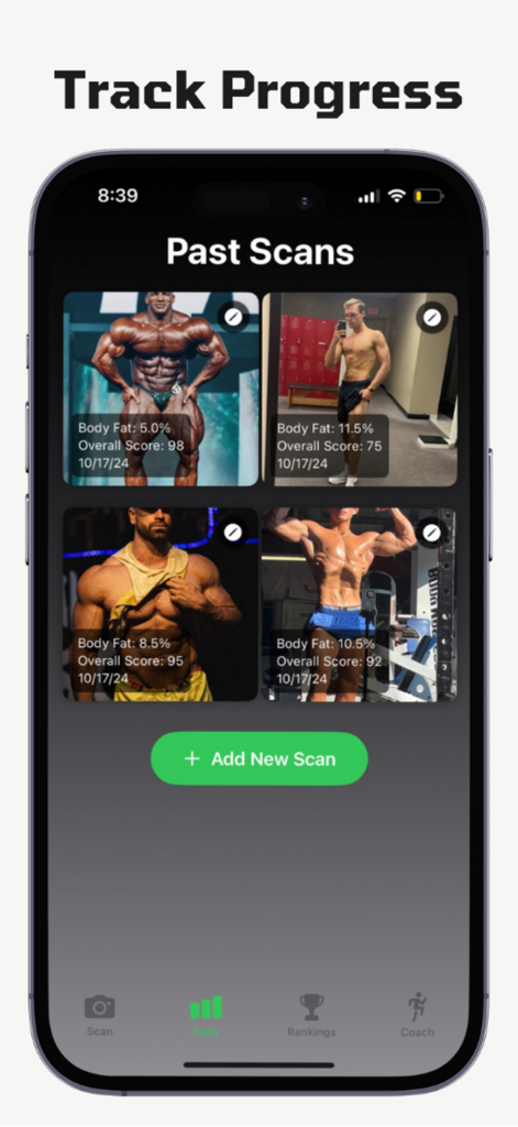 BodyScore app interface displaying a gallery of past AI body scans with body fat percentages and overall fitness scores