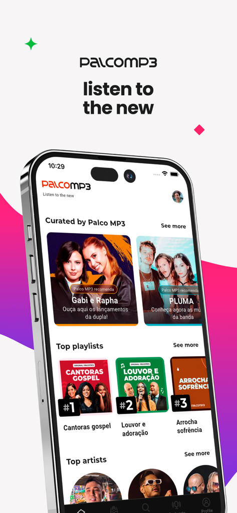 Interfaz de la aplicación móvil Palco MP3 con listas de reproducción seleccionadas y artistas independientes brasileños