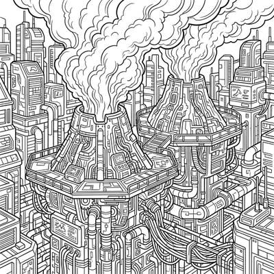 Explore an epic fusion of nature and technology with this striking Cyberpunk Volcanic Vents coloring page. Immerse yourself in a complex cityscape filled with intricate details, industrial pipes, and plumes of smoke waiting for your vibrant touch.
