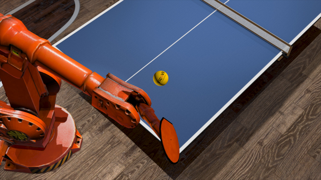 Ping Pong VR - An orange robotic arm holding a paddle over a blue ping pong table with a yellow ball in mid-air