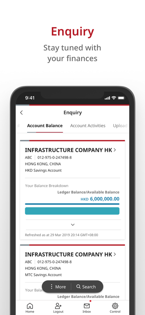BOCHK iGTB MOBILE App-Oberfläche, die einen Bildschirm zur Abfrage von Firmen konten salden mit Ledger-Salden Details anzeigt