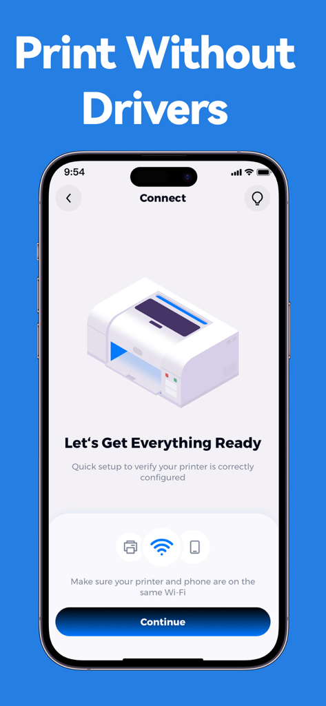 Smart Printer App-Print & Scan - Smart Printer App screen showing the setup process for driverless printer connection via Wi-Fi