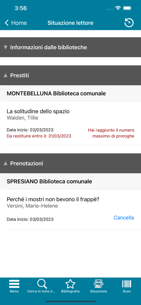 BinP - Pantalla de la aplicación BinP que muestra el estado de la cuenta del usuario de la biblioteca con préstamos y reservas actuales.