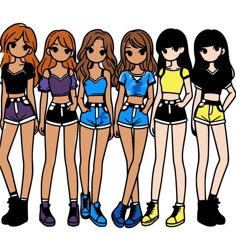 a group of girls wearing crop tops and shorts