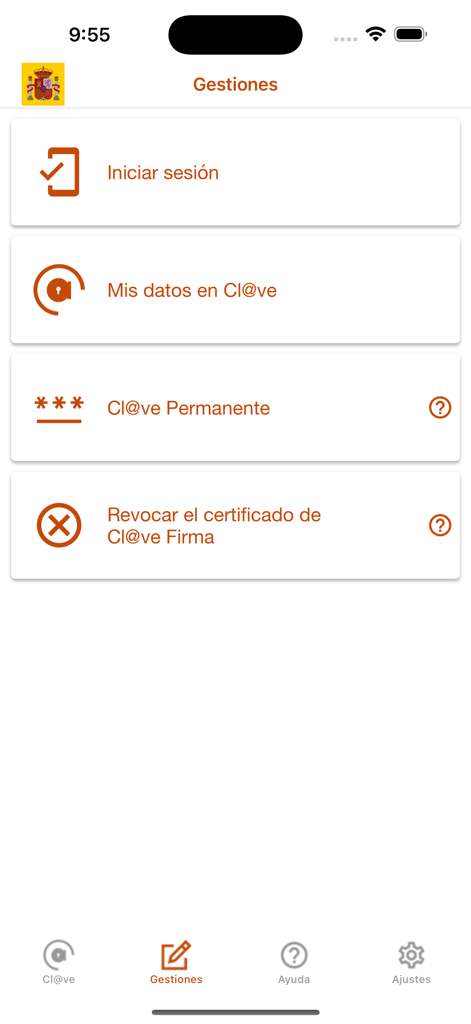 Tela de Gestiones do aplicativo Cl@ve mostrando opções para gerenciamento de dados de login e revogação de certificados