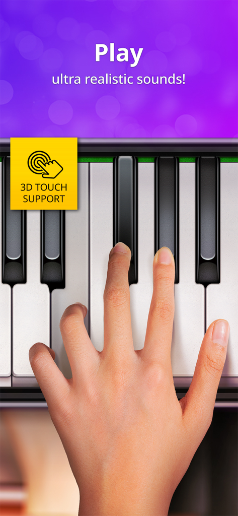 A hand playing a virtual piano keyboard on a mobile device showing 3D touch support