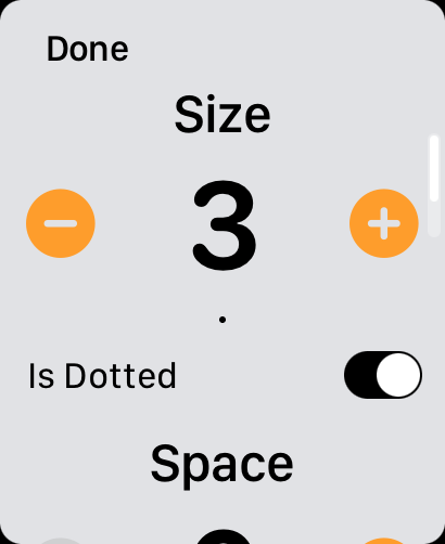 Paint - Draw & Sketch - Brush size and dotted line settings interface on Apple Watch for the Paint drawing app