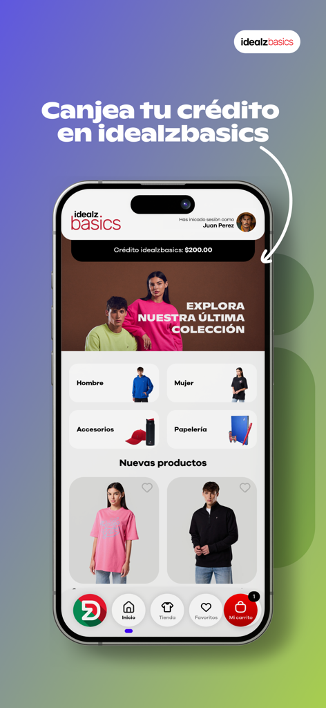Pantalla de smartphone mostrando el menú de la tienda de ropa y estilo de vida de Idealz Basics