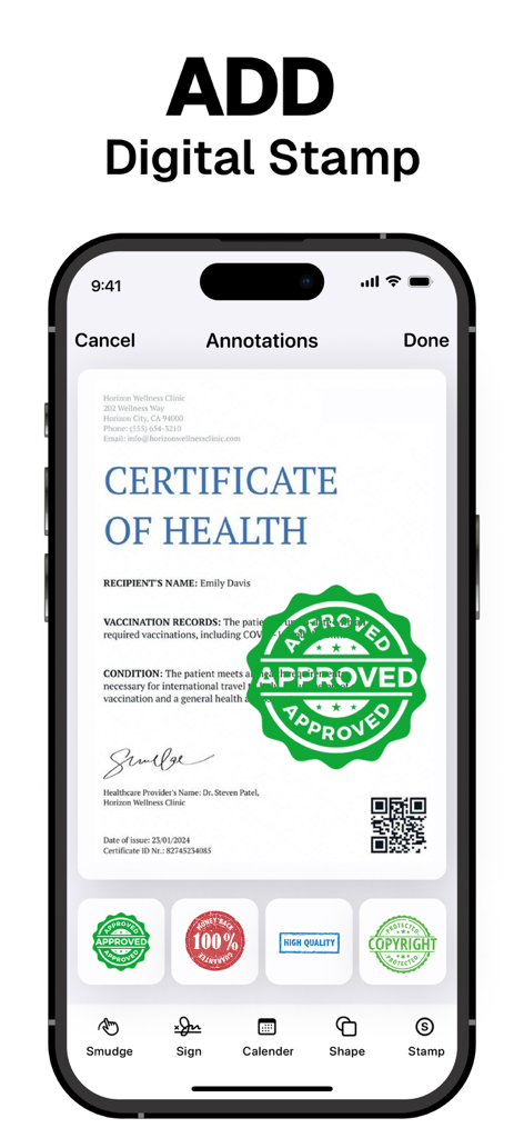 PDF Scanner ~ Scan Document - Mobile app interface for adding digital stamps like approved and copyright to scanned PDF documents