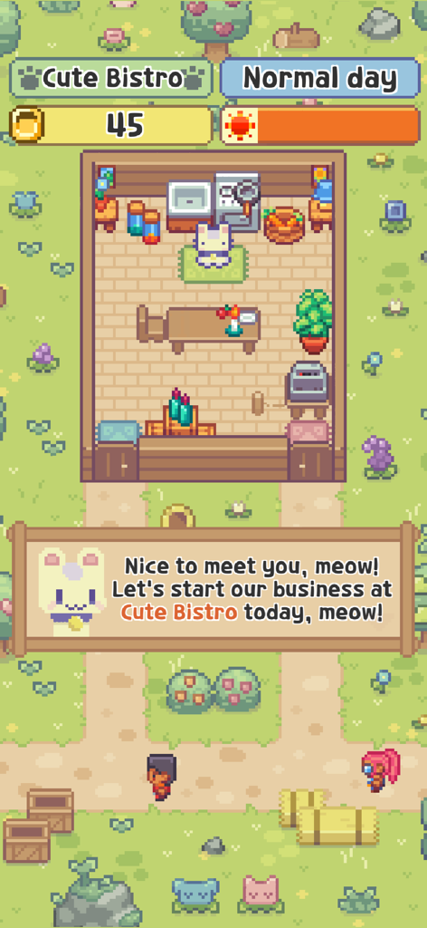 Meow Bistro! - Un personaggio gatto in pixel art accoglie il giocatore nel suo accogliente bistrot in un gioco di simulazione di gestione.