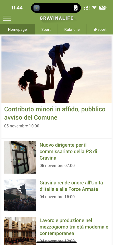 Homepage dell'app mobile GravinaLife che mostra notizie locali da Gravina in Puglia