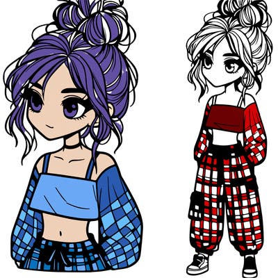 girl with plaid pants and a crop top shirt with messy bun